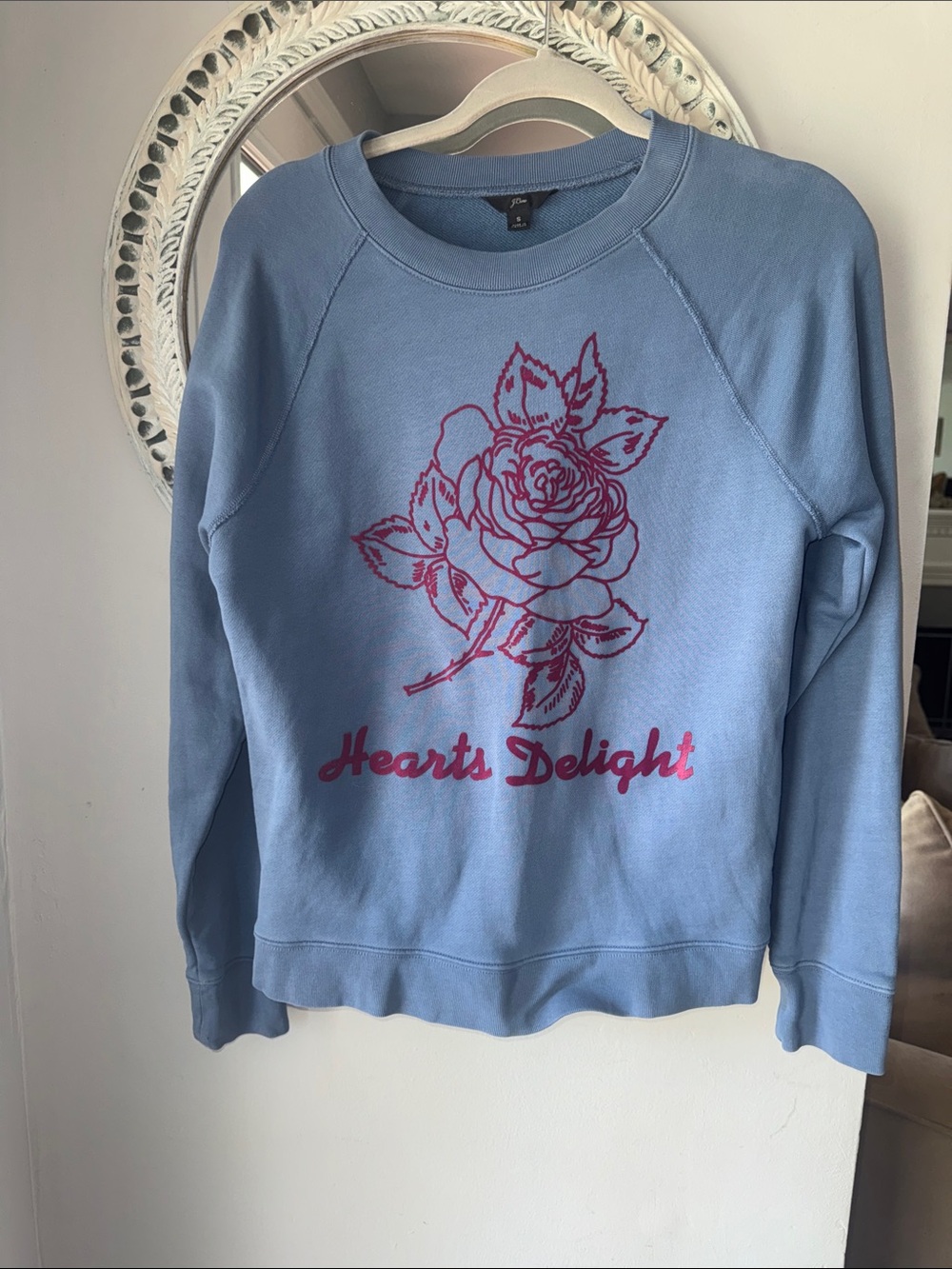 J. Crew Light Blue Sweatshirt with Pink Rose Graphic